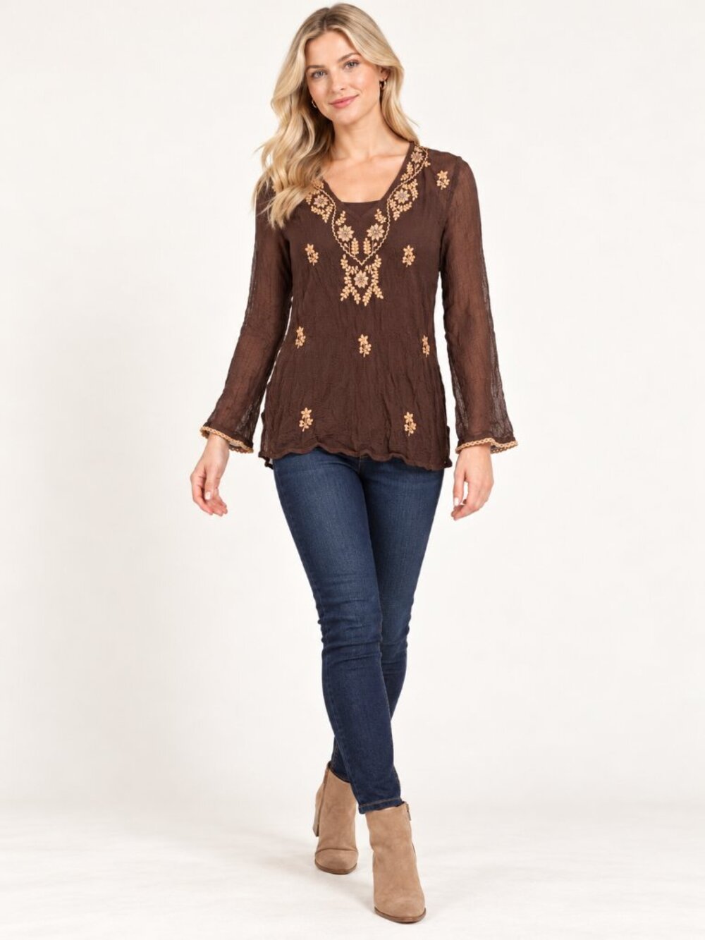 2/$30 Lord & Taylor Brown Floral Embroidered Sheer Tunic Blouse